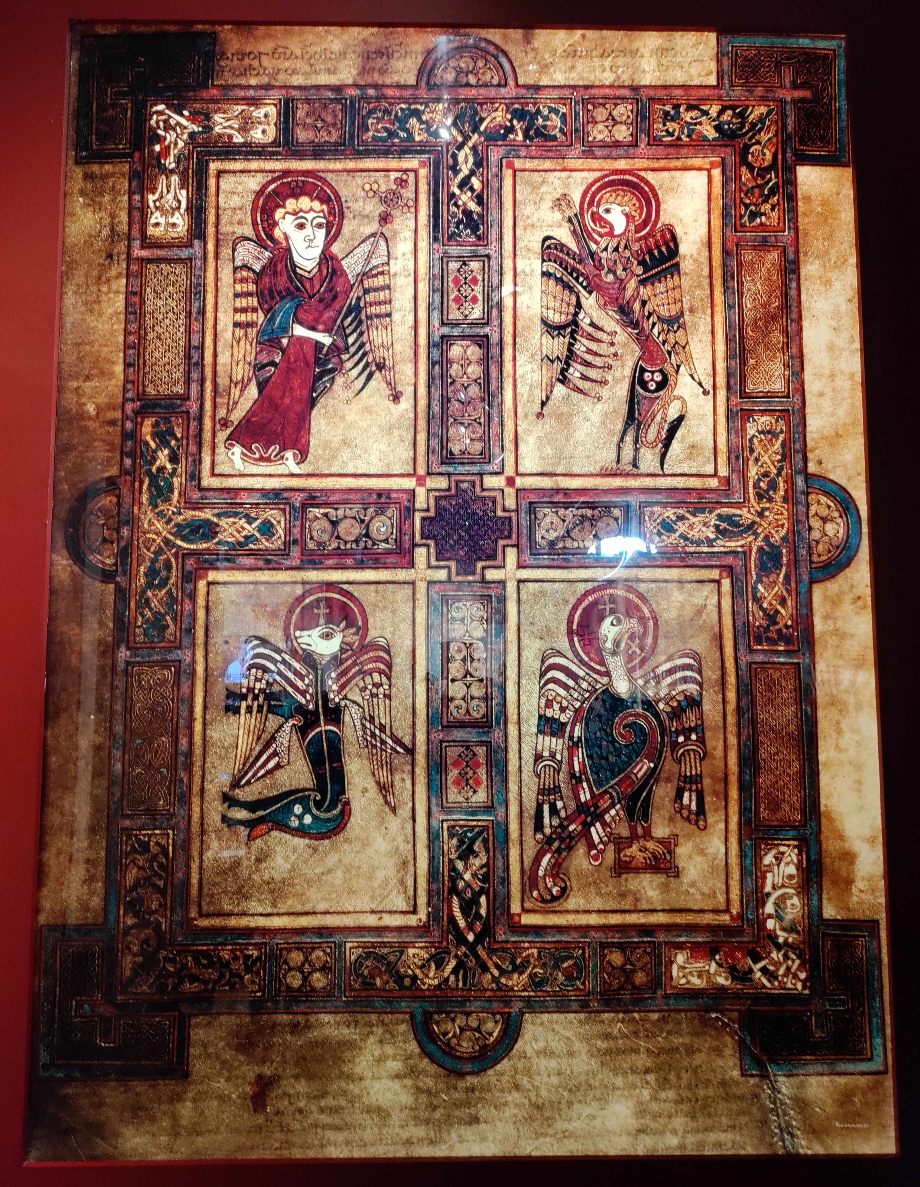 Enlarged image of one of the pages of the Book of Kells depicting traditional 
symbolic creatures associated with the four Gospel writers.