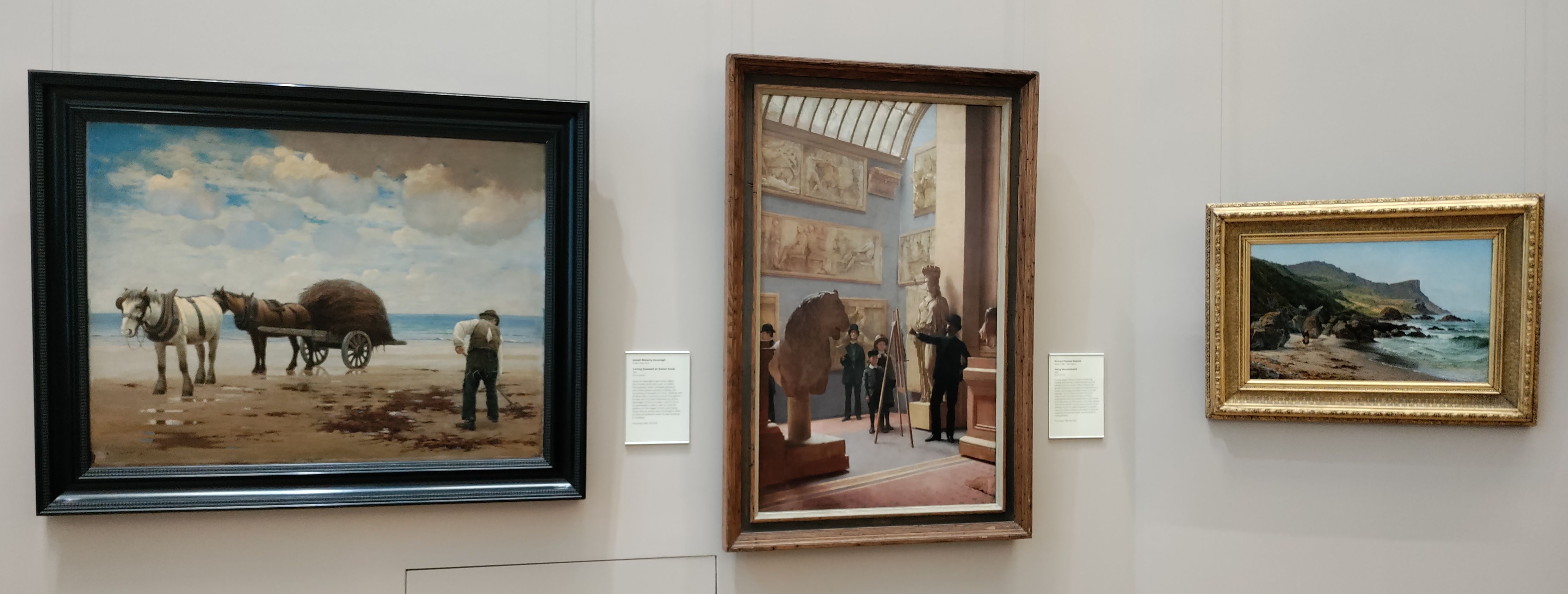 Three Irish paintings with a beach scene, a museum interior, and Irish landscape.